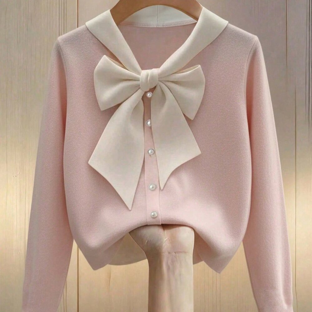 Pink Elegant Women's Color Blocking Knitted Long-Sleeved T-Shirt - Picture 1 of 5